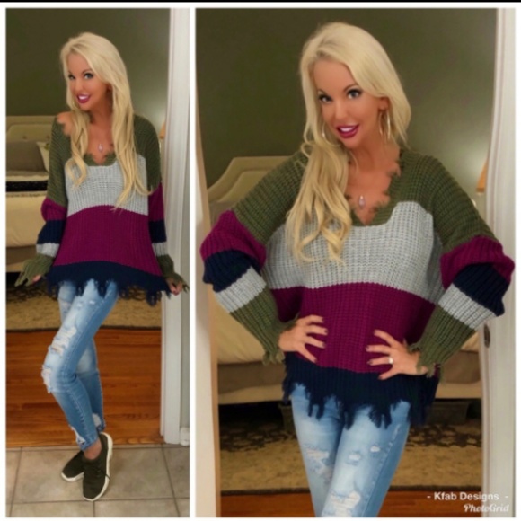 DISTRESSED COLOR BLOCK SWEATER - Picture 3 of 8